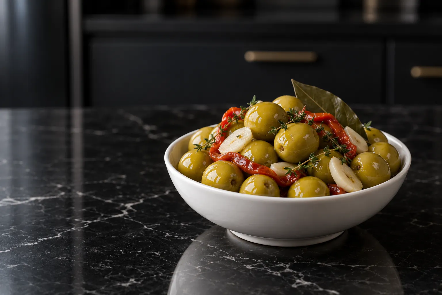 Dressed green olives with garlic, thyme and red pepper in a white bowl