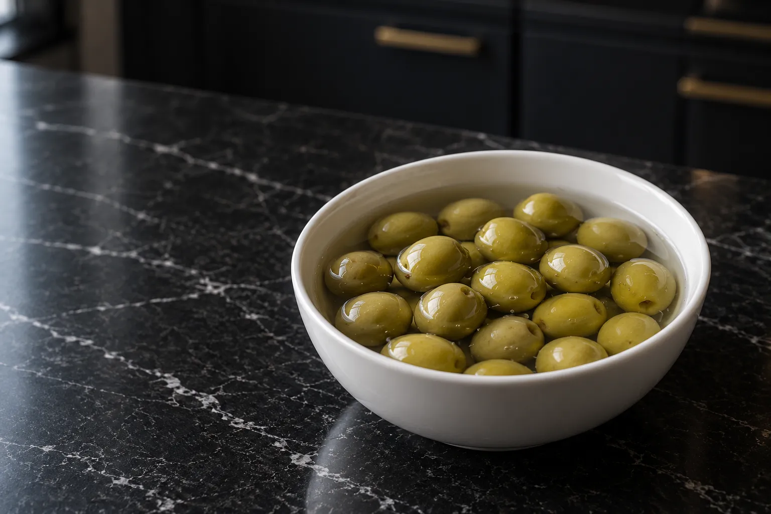 Green olives resting in clear water in a white bowl